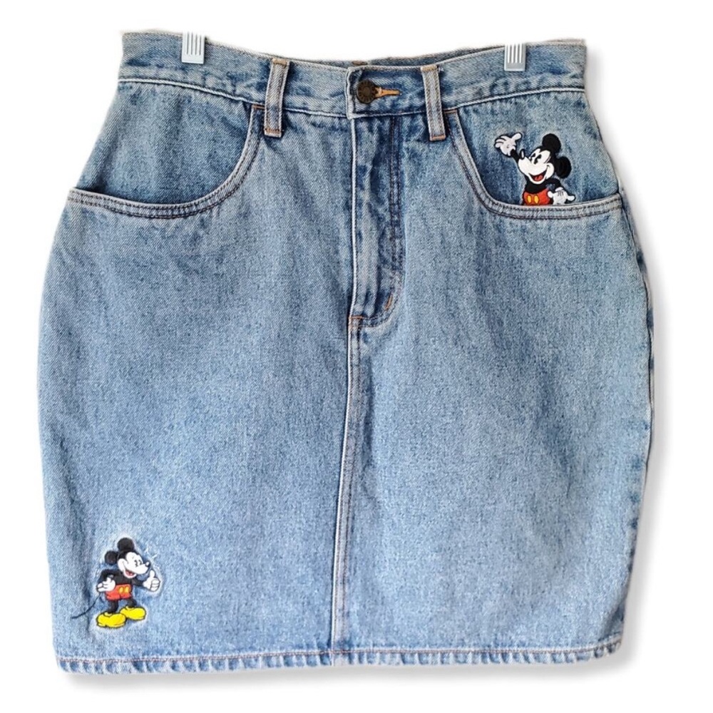 Vtg 80s Disney Mickey Minnie Denim Mini Jean Skirt L Embroidered Pencil Retro